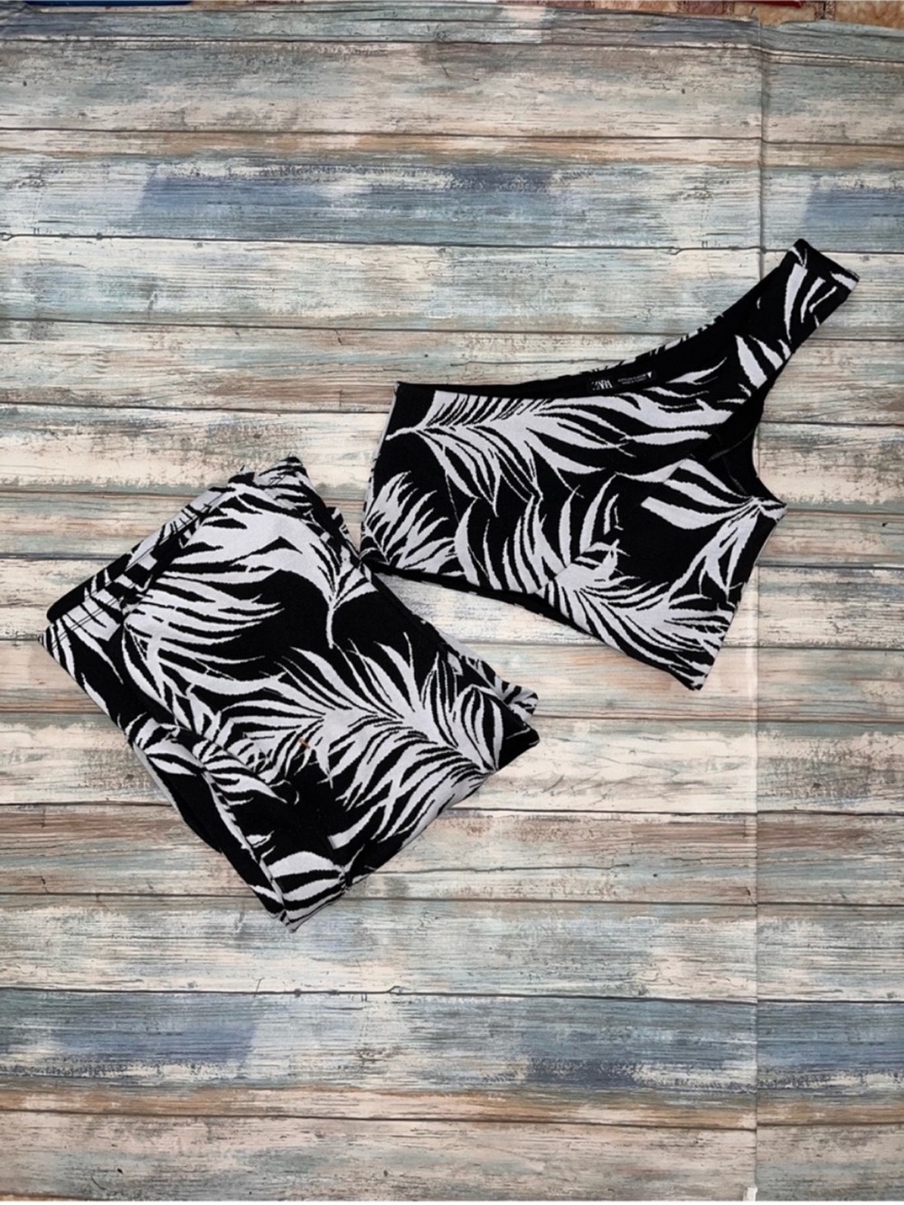 Zara Black White Tropical Palm Print Matching Set Crop Top Pants Small NWT - Picture 2 of 7
